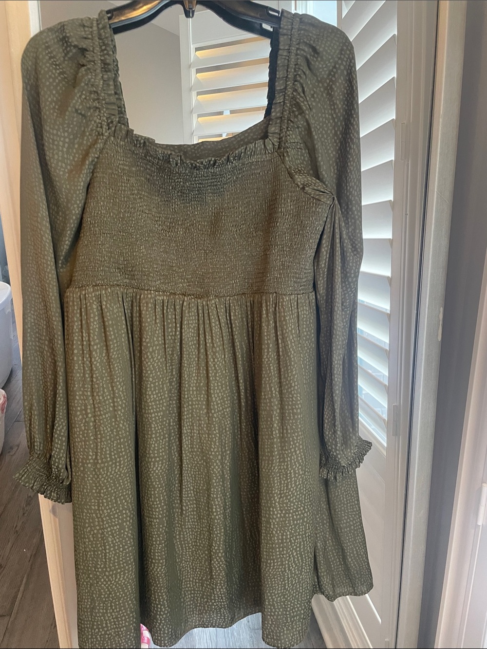 LOFT Olive Green Long Sleeve Smocked Babydoll Dress